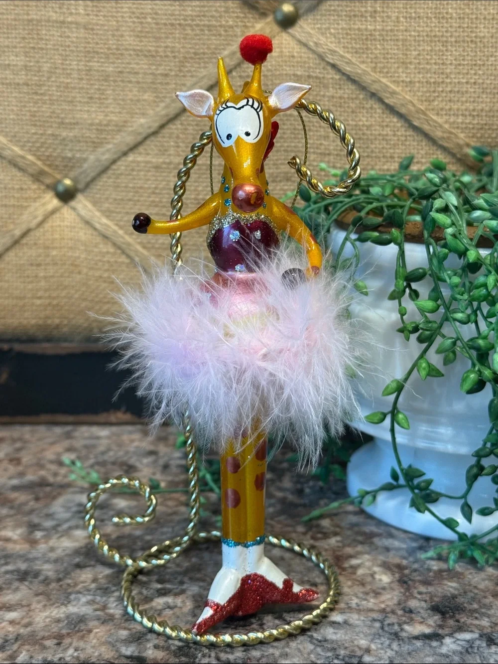 Gold and Pink Giraffe Ornament with Feather Skirt